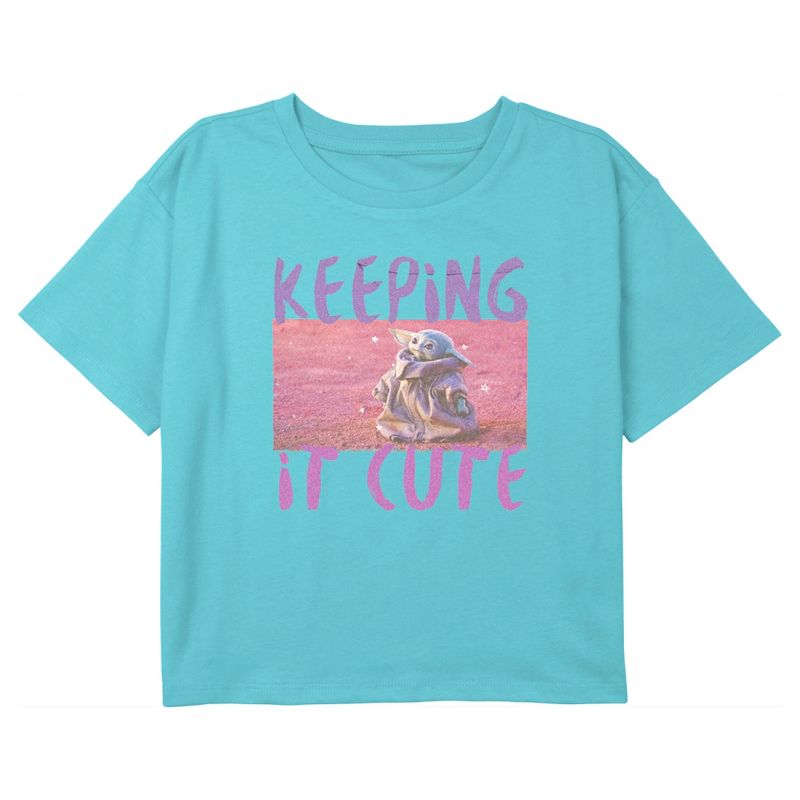 Girl's Star Wars: The Mandalorian Grogu Keeping It Cute Crop T-Shirt, 1 of 4