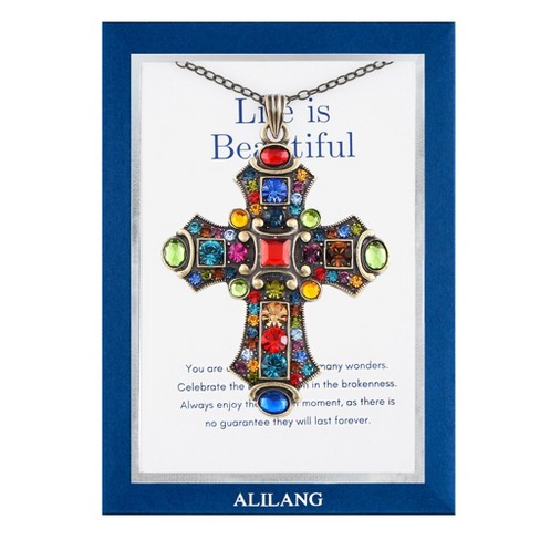 Anna-Kaci Colorful Stained Glass Rhinestone Cross Pendant Necklace Gift Message Card & Envelope Faith Jewelry Gifts - image 1 of 4