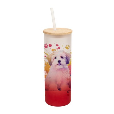 100 North 25 Ounce Frosted Glass Gradient Travel Tumbler With Straw & Wooden Lid, Havanese Dog Paint Splatter Red