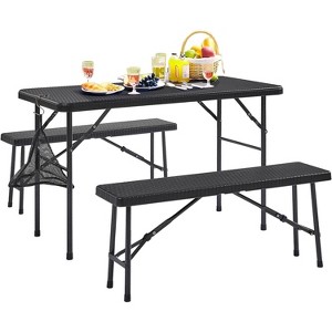 VECELO 3-Piece Folding Table Set with 2 Benches, Indoor Outdoor 4ft Plastic Utility Foldable Table with Hanging Bag Black - 1 of 4