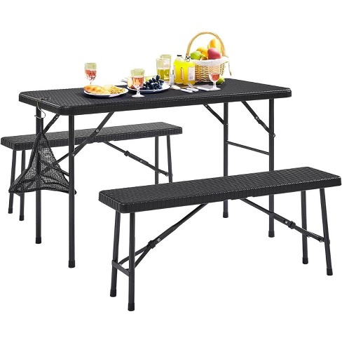 VECELO 3-Piece Folding Table Set with 2 Benches, Indoor Outdoor 4ft Plastic Utility Foldable Table with Hanging Bag Black - image 1 of 4