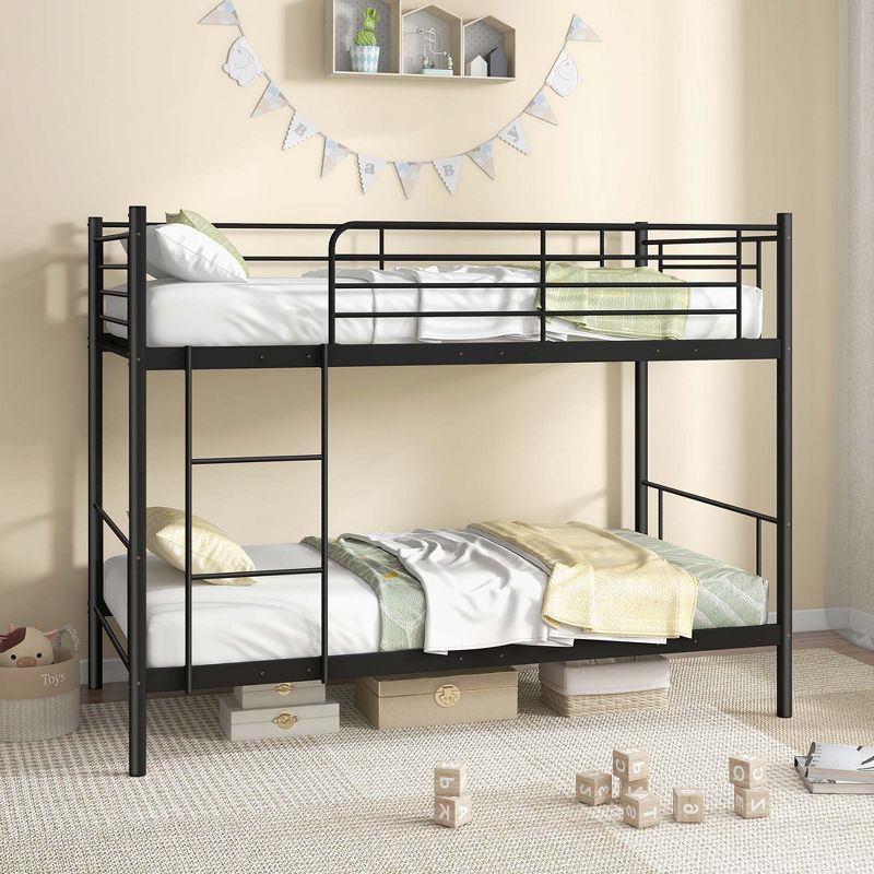 Costway Metal Twin Over Twin Bunk Bed with Built-in Ladder Safety Guardrail Black/White, 1 of 10