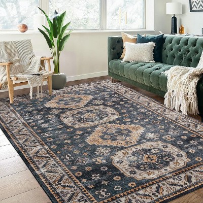 Coucheta Washable Area Rug - Vintage Distressed Rug, Low Pile Non-Slip Carpet for Living Room & Dining Room, Fade & Stain Resistant