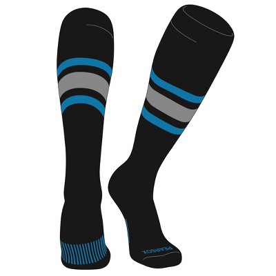 PEAR SOX Striped OTC Baseball, Softball, Football Socks (B) Black, Turquoise, Silver (L)