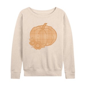 Women's - Instant Message - Muted Plaid Pumpkin Lightweight French Terry Wide Neck Long Sleeve Graphic Shirt - 1 of 4