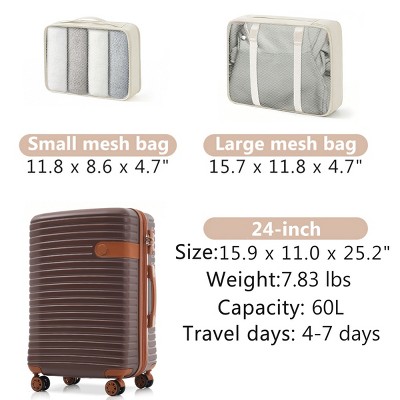 Syemin Luggage 24" Hardshell Carry-On Luggage, Lightweight Durable ABS Suitcase with Spinner Wheels 2 Packing Cubes, Brown, 16"*11"*25.2"