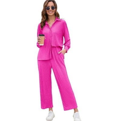 Women Two Piece Casual Outfits Y2K Loungewear Pleated Wide Leg Pants Long Sleeve Button Down Shirt Streetwear Set