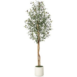 Artificial Olive Trees, Tall Faux Olive Trees with Natural Wood Trunks & Lifelike Fruits, Fake Tree with White Planter for Home Decor - 1 of 4