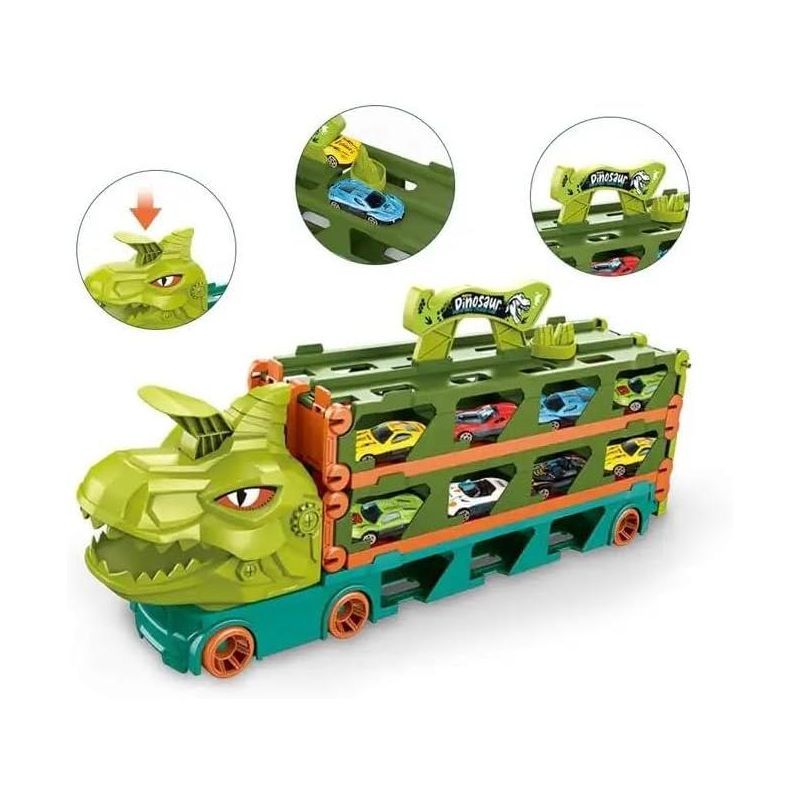 KOVOT Dinosaur Truck Racing Playset - 20" Storage Truck with 6.5-Foot Foldable Racetrack & 8 Alloy Raceing Cars, 5 of 7
