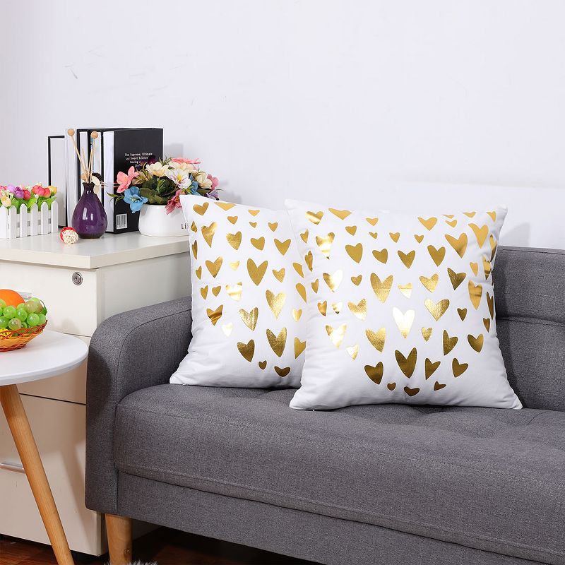 PiccoCasa 2 Pcs 18"x18" Polyester Gold Stamping Heart Print Decorative Pillow Cover White, 5 of 8