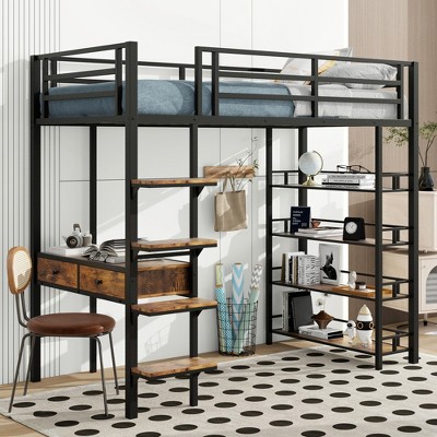 TIRAMISUBEST 3-In-1 Twin/Full Metal Loft Bed with Built-in Stair and Desk, Storage Bed Frame with Drawers and Shelves
