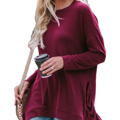 Amaryllis Women's Asymmetrical Hem Long Sleeve Pullover Top with Side Ruffle Detail Relaxed Fit Casual
