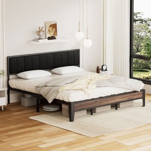 Lusimo King Metal Platform Bed Frame with Fabric Upholstered Headboard Easy Assembly - 1 of 4