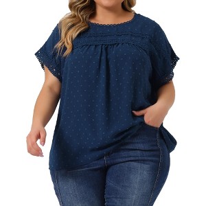 Agnes Orinda Women's Plus Size Swiss Dots Short Sleeve Lace Crochet Chiffon Pleated Casual Blouses - 1 of 4