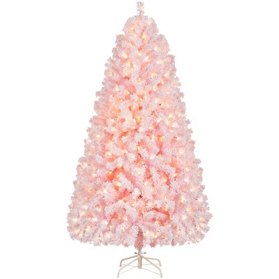 Yaheetech 6ft Pre-lit Flocked Artificial Christmas Tree Snow Frosted ...