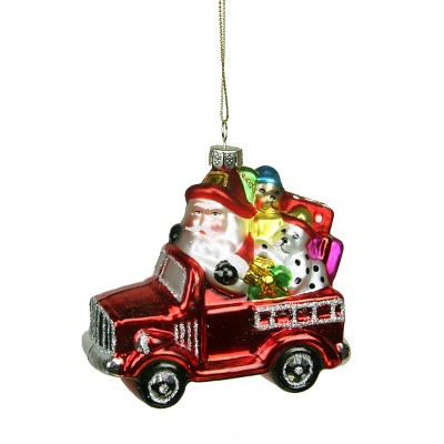 Northlight 4" Red Fire Truck with Santa and Presents Glass Christmas Ornament