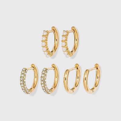 SUGARFIX by BaubleBar Crystal Gold and Pearl Hoop Earring Set 3pc - Gold