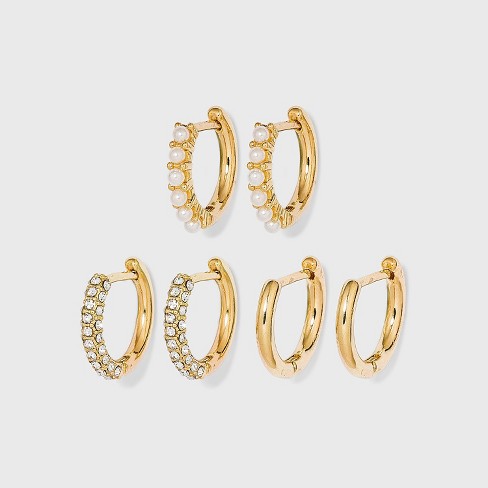 SUGARFIX by BaubleBar Crystal Gold and Pearl Hoop Earring Set 3pc - Gold - image 1 of 2
