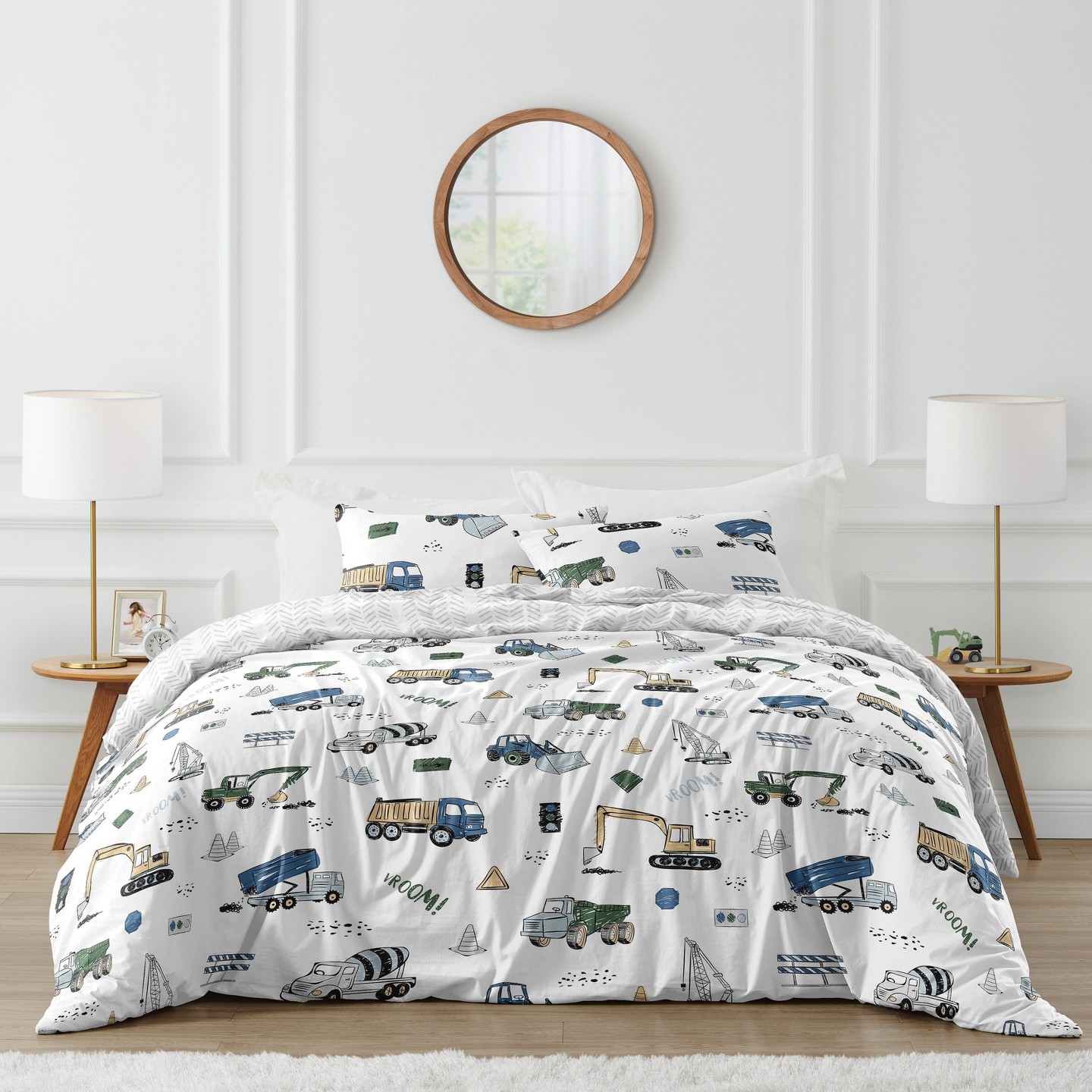 Постельное бельё Sweet Jojo Designs Full/Queen Comforter Bedding Set Construction Truck Green Blue and Grey 3pc. для мальчиков, цвет: Зелёный — фото 1
