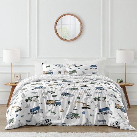Sweet Jojo Designs Boy Full/Queen Comforter Bedding Set Construction Truck Green Blue and Grey 3pc.