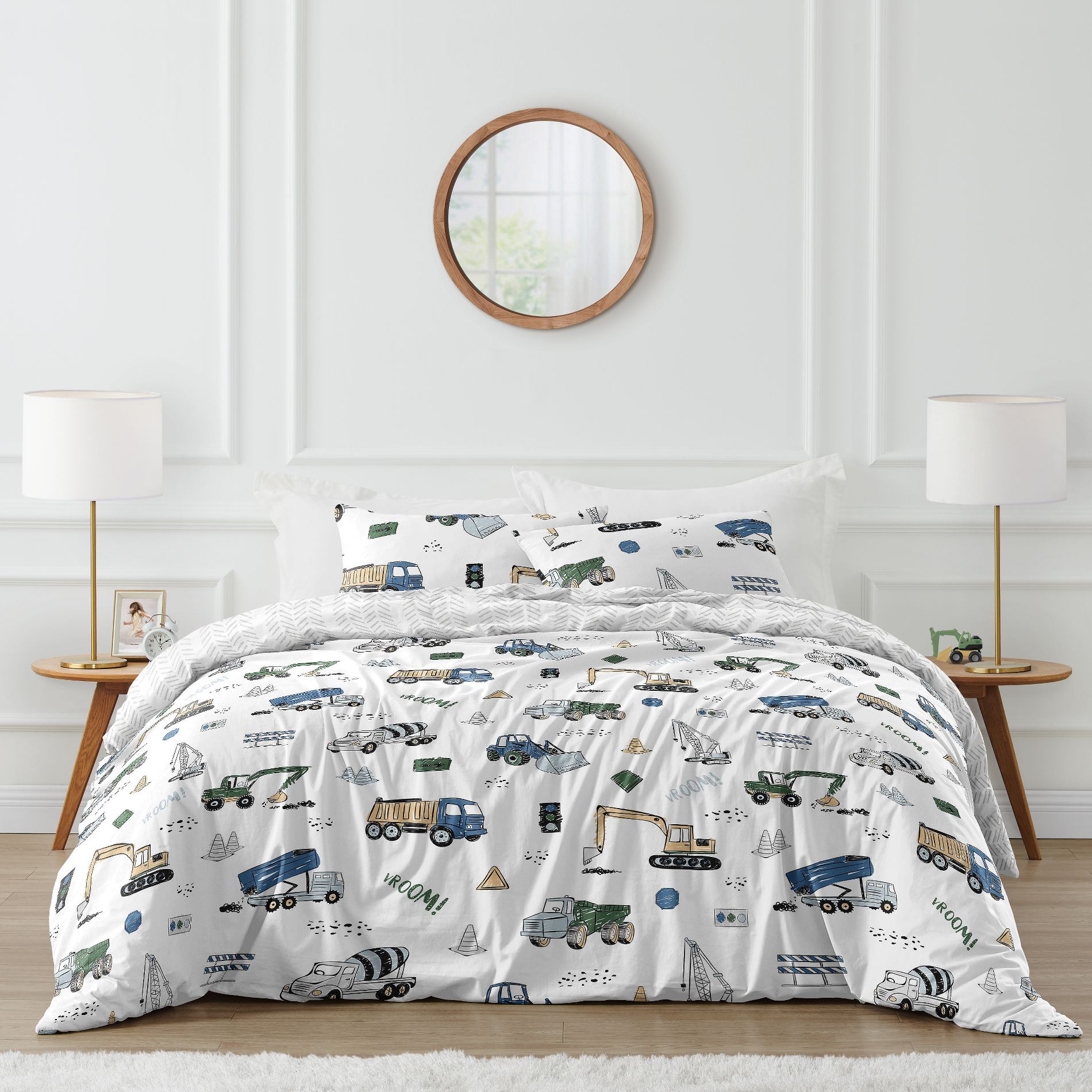 Sweet Jojo Designs Boy Full/Queen Comforter Bedding Set Construction Truck Green Blue and Grey 3pc.