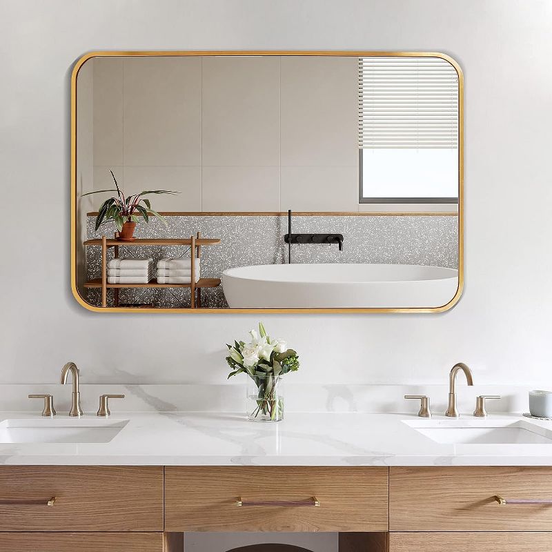 Serio 22" x 30" Brushed Metal Framed Rounded Corner Rectangular Vanity Mount Decorative Bathroom Vanity Mirrors-The Pop Home, 1 of 9