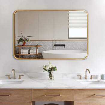 Serio 22" x 30" Brushed Metal Framed Rounded Corner Rectangular Vanity Mount Decorative Bathroom Vanity Mirrors-The Pop Home