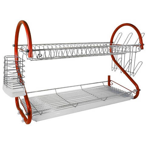 MegaChef 17.5 inch Red Dish Rack with 14 Plate Positioners and A Detachable Utensil Holder