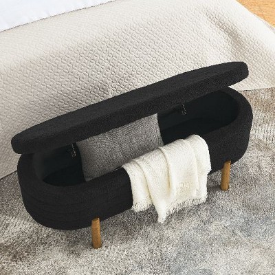 Sapphtopaz Pleated Fabric Ottoman with Storage, Oval Storage Ottoman Bench with Rubber Wood Leg, Multi-Use Footstool Bench, Ottoman Foot Rest