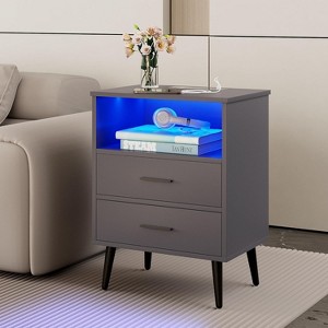 Vlsrka LED Night Stand with Charging Station, 3-Color Dimmable Lights, Modern Bedroom Bedside Table with Drawers, Open Shelf, Metal Legs - 1 of 3