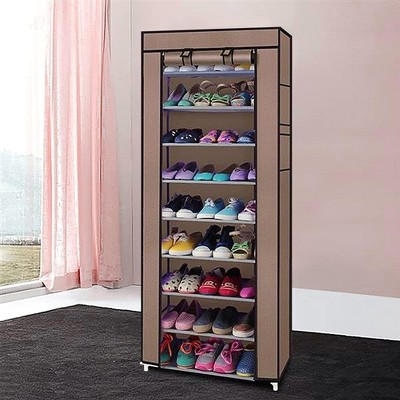 10-Layer 9-Lattice Shoe Rack, Coffee Non-Woven Fabric Shoe Storage Organizer (Steel & Plastic Frame), Space-Saving, Easy to Install