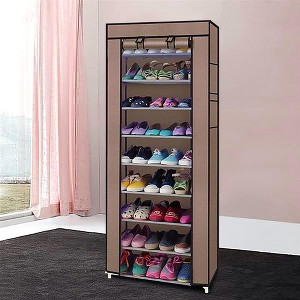 10-Layer 9-Lattice Shoe Rack, Coffee Non-Woven Fabric Shoe Storage Organizer (Steel & Plastic Frame), Space-Saving, Easy to Install - 1 of 4