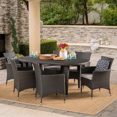 Vincent 7pc Wicker Patio Dining Set: Iron Frame, Cushioned Chairs - Christopher Knight Home
