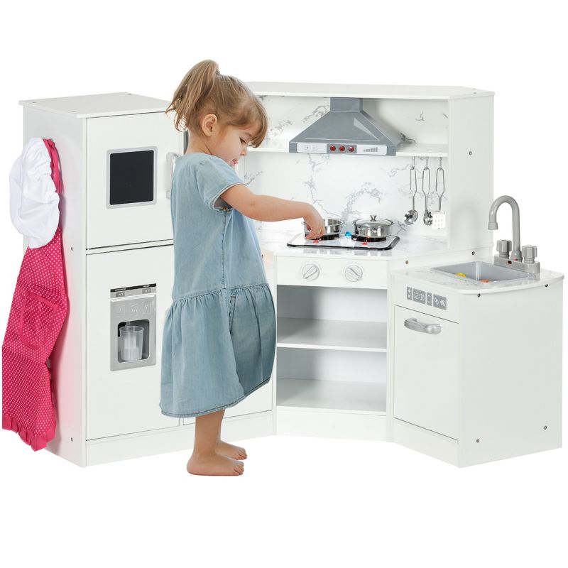 Qaba Play Kitchen Set for Kids with Lights Sounds, Apron and Chef Hat, Ice Maker, Utensils, Range Hood, Microwave, for Aged 3-6 Years Old, 1 of 7