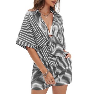 EXLURA Womens Summer 2 Piece Sets Casual Short Sleeve Striped Shirts Shorts Matching Sets Vacation Cruise Beach Outfits 2025 - 1 of 4
