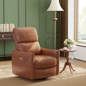 Power Swivel Glider Recliner with Lumbar Support & USB - Electric Rocking Chair, Faux Leather Upholstery for Living Room, Bedroom or Nursery, Brown - 1 of 4