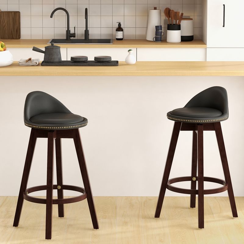 Costway Set of 2 Upholstered Swivel Barstools 29'' Wooden Dining Chairs with Low Back Black, 3 of 9