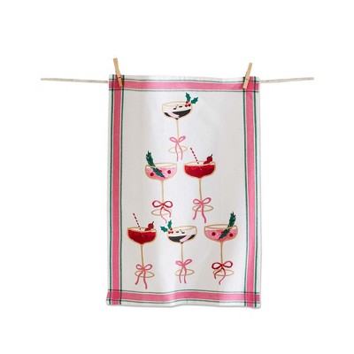 tag Cocktail Tower Dishtowel - White Multi Cotton Kitchen Towels for Christmas, Machine Washable, 26" x 18"