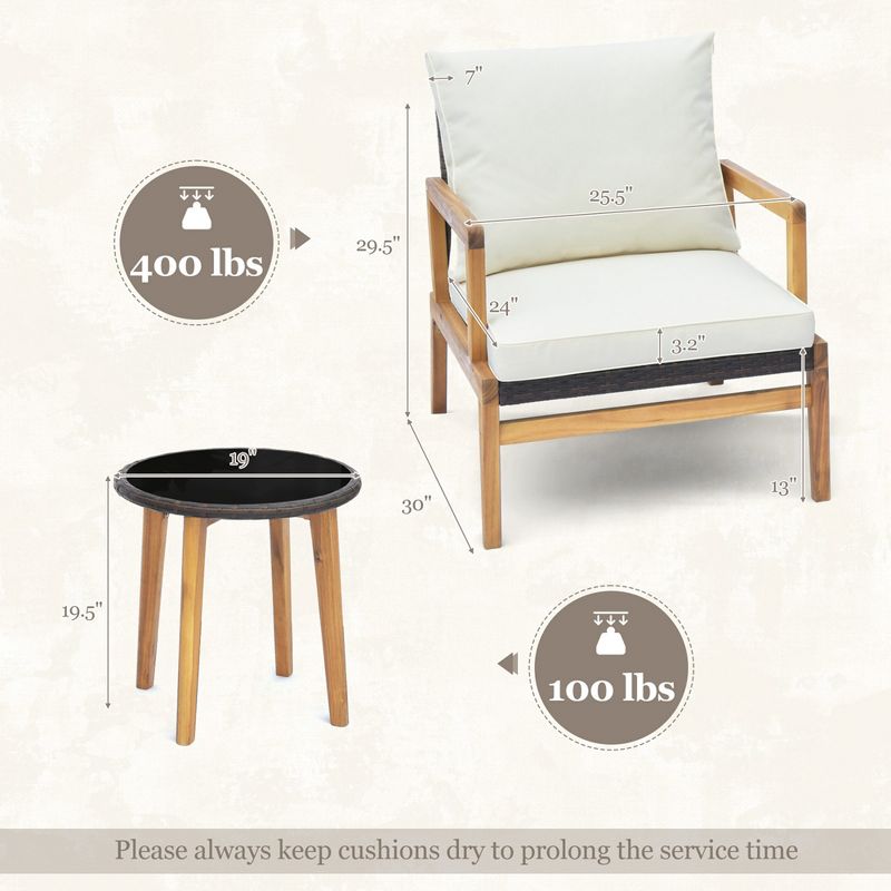 Costway 3 PCS Outdoor Furniture Set with Cushioned Chairs and Tempered Glass Side Table, 3 of 10