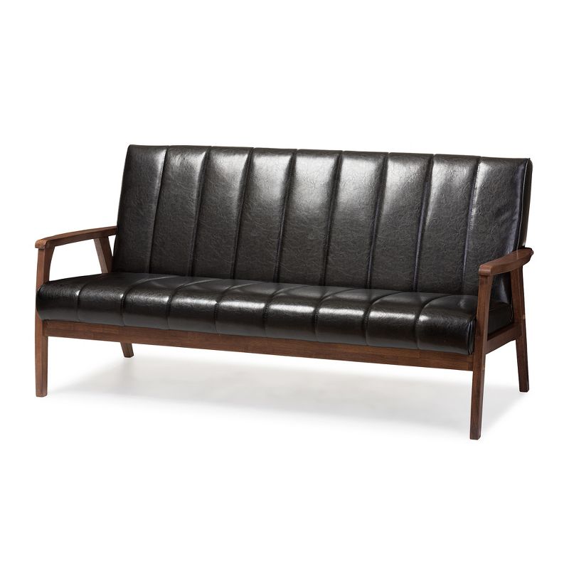 Nikko Mid-Century Modern Scandinavian Style Faux Leather Wooden 3 Seater Sofa - Baxton Studio, 1 of 6
