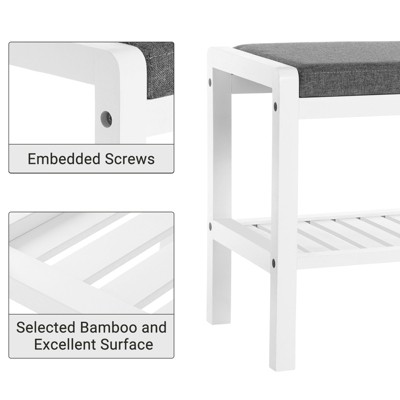 White Bamboo Shoe Rack Bench with Gray Upholstered Cushion