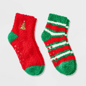 Kid's Embroidered 2pk Cozy Ankle Socks with Grippers - 1 of 3