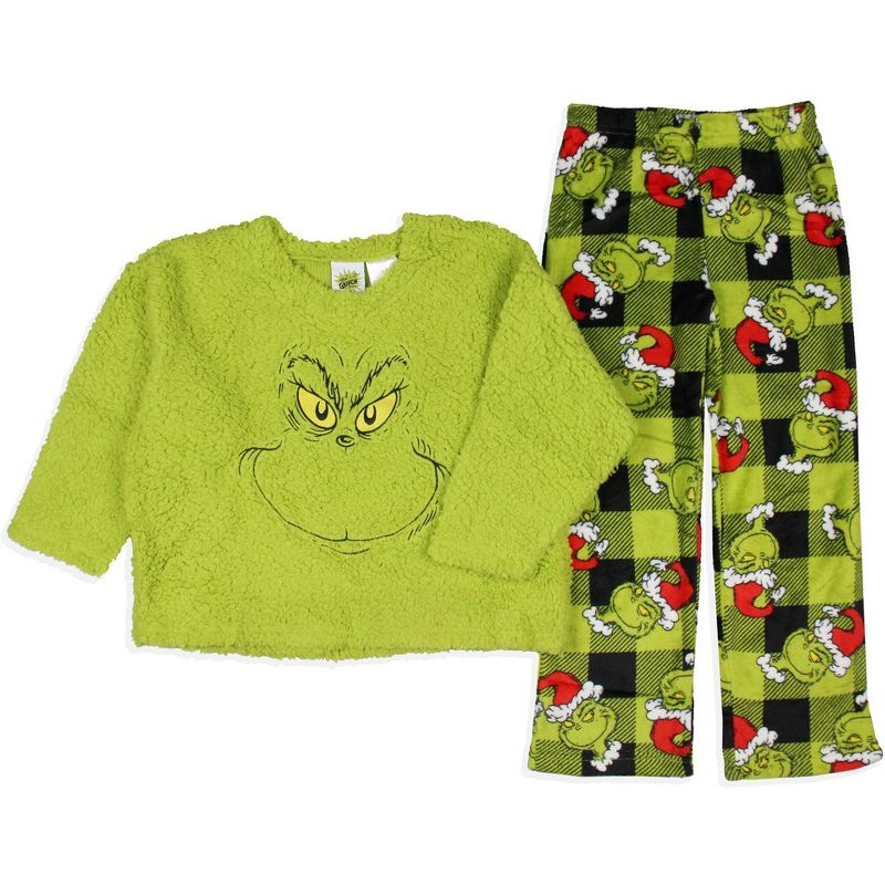 Dr. Seuss The Grinch Santa Plaid Plush Fleece Pajama Sleep Set, 1 of 8