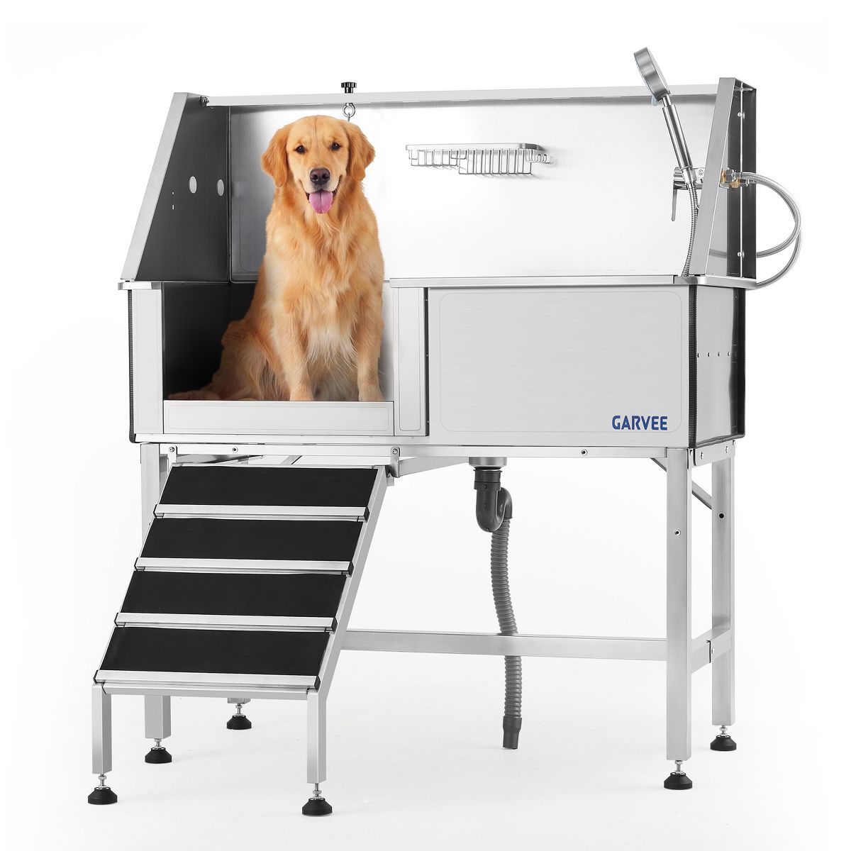 Stainless Steel Dog Washing Station with Access Stairs, Pet Grooming Bathtub Equipped with Grooming Arm, Door and Showerhead Kit
