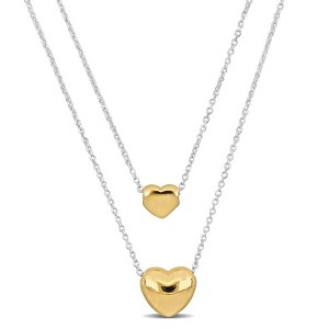 EVERLY JEWELRY | Silver Two Heart Double Strand Charm Necklace, 18" & 16" inch - Multiple Metal Color Options - 1 of 4