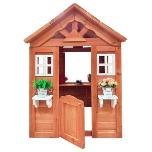 Outdoor Playhouse For Boys Girls Pretend Play Wooden Cottage Playhouse With Flowerpot Holder Window For Outdoor Garden Lawn Patio Yard - 1 of 4