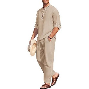 COOFANDY Men's 2 Pieces Cotton Linen Set Long Sleeve Henley Shirts Casual Beach Pants With Pockets Summer Yoga Outfits - 1 of 4