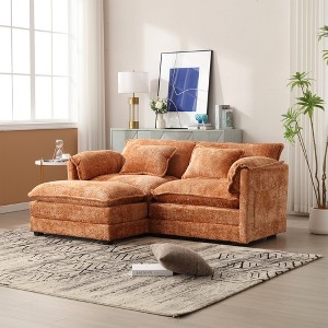 76.77'' Chenille Double Sofa with Removable Armrests L-Shaped Sectional Sofas, Footstool, and Convenient Side Pockets - 1 of 4