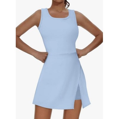 Women's Sleeveless Golf Tennis Dress Crew Neck Side Slit Workout Athletic Dresses with Built-in Bra Shorts and Pocket