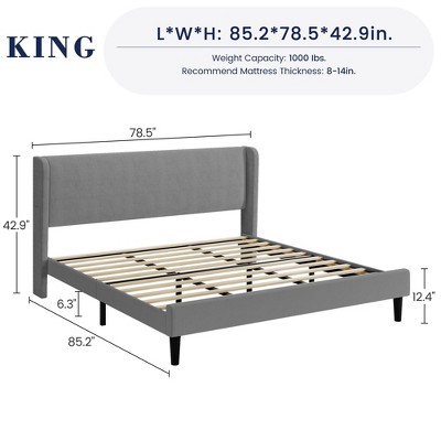 Queen Bed Frame with Headboard, Modern Upholstered Platform Bed in Linen Fabric, Mattress Foundation